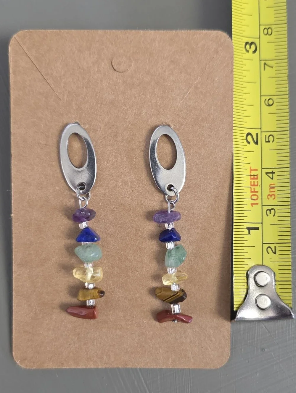 Multi-Color Chakra Beaded Drop Earrings - Silver Tone